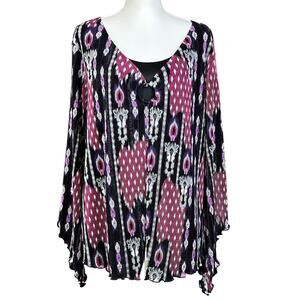 Cato Woman Top Size 22 / 24 Black Purple Faux Tank Open Front Pleated Stretch